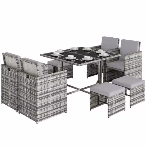 Outsunny 8 Seater Grey Rattan Cube Garden Furniture Set with Cushions and Glass Top Table – 1