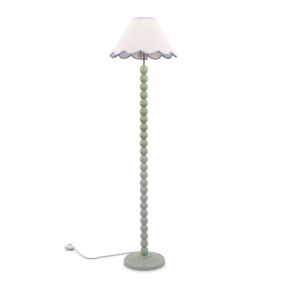 ValueLights Bobbins Sage Green Floor Lamp with Blue Fabric Scallop Shade and LED Bulb – 2