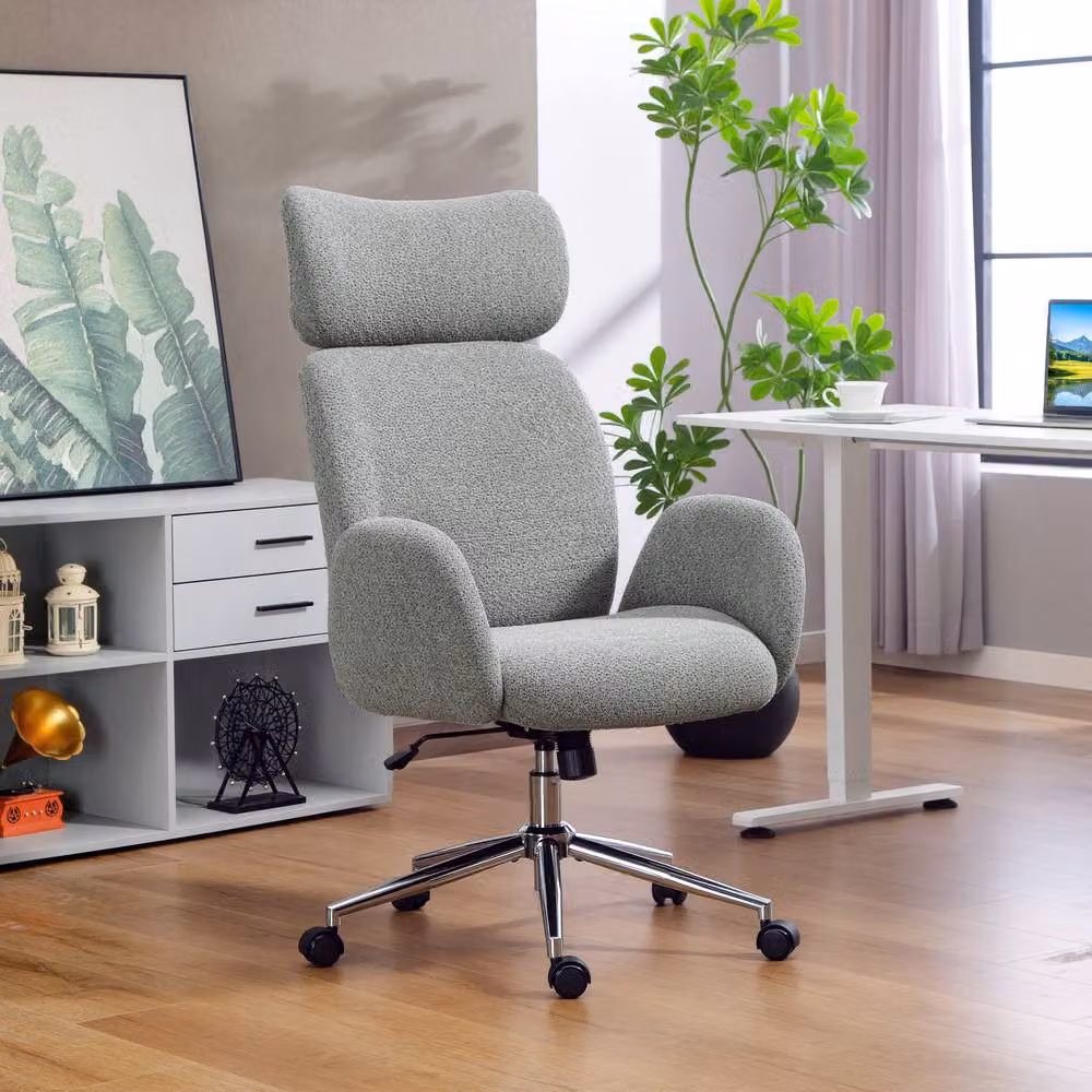 ERGOVEXA Ergonomic Swivel Office Chair with Adjustable Headrest in Grey Bouclé Fabric – 2