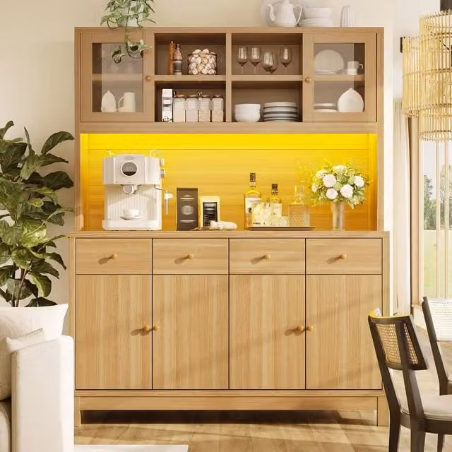 Merax Natural Oak Effect Kitchen Dresser with Glass Doors and Integrated LED Lighting, Brown, H: 180 cm x W: 140 cm x D: 38.5 cm
