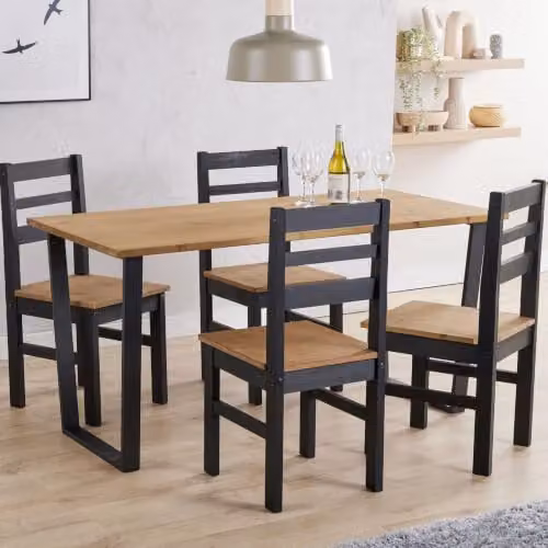 Core Products Texas Industrial Dining Set with Pine Table and Four Black Wax Finish Chairs – 2