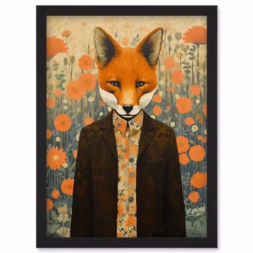 Artery8 Portrait of Dressed Fox in Suit and Shirt Floral Background Framed Wall Art Print, Orange and Brown, W: 23.4 cm, H: 29.7 cm – 1