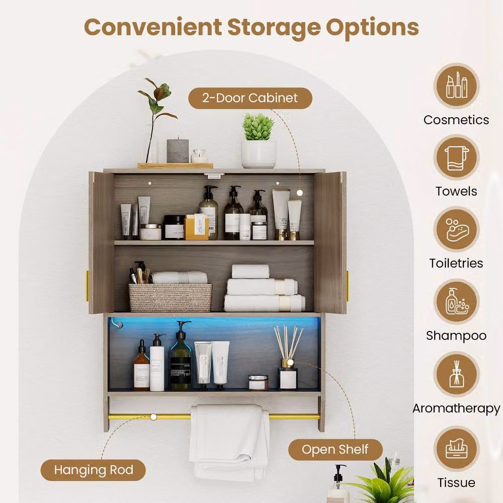 Costway Wall Mounted Grey Bathroom Medicine Cabinet with Integrated LED Lighting and Internal Shelves – 4