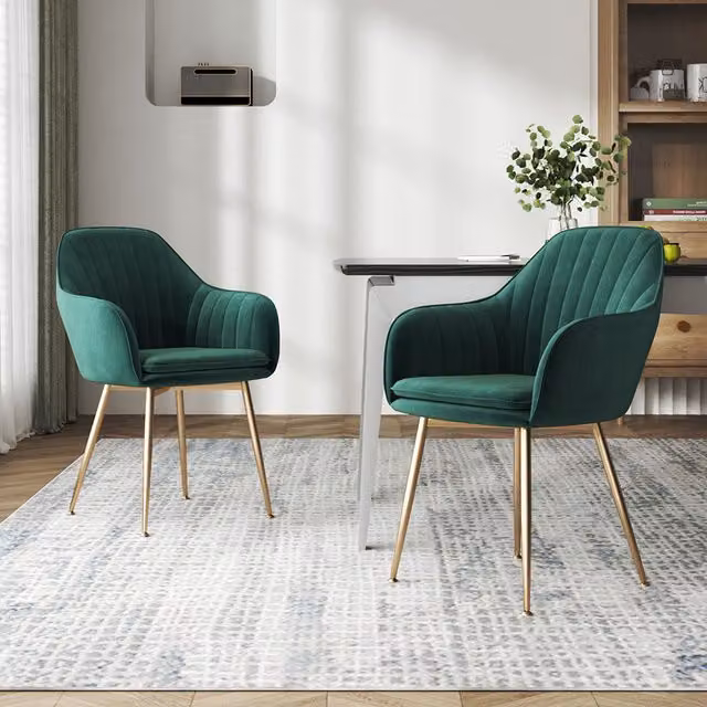 Komore Set of 2 Modern Low-Back Soft Velvet Upholstered Dining Chairs in Green with Gold Metal Frame