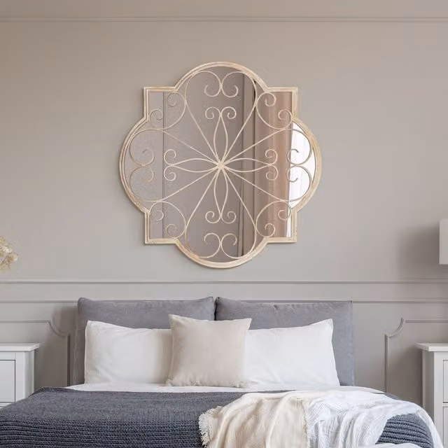 MirrorOutlet Shabby Chic Round Metal Wall Mirror in Beige