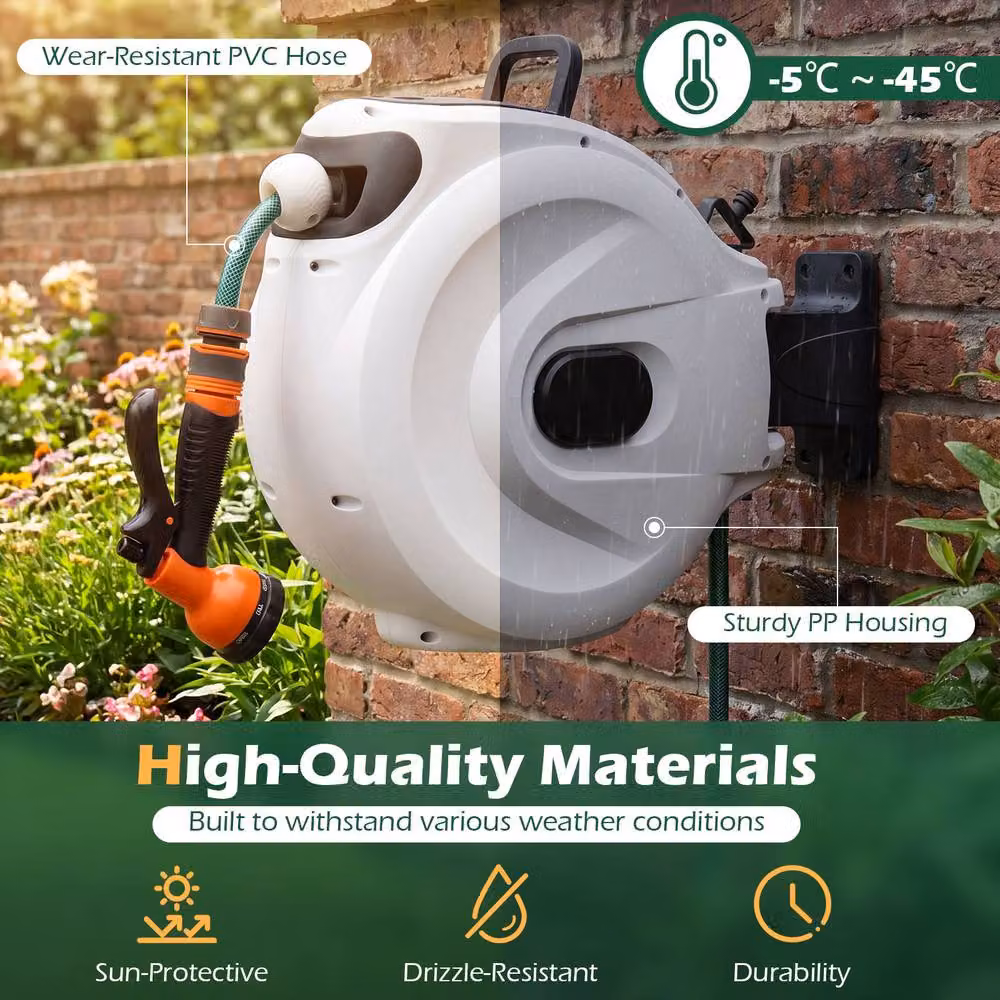 Gymax White Wall-Mounted Retractable Hose Reel with Auto-Rewind, 1/2 Inch x 30m + 2m – 5