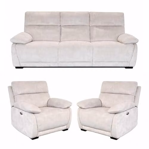 Furnishings For Less UK Piccadilly Electric Recliner Sofa Set with 2 Armchairs, Beige Fabric, with USB Charging Ports