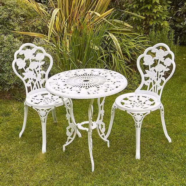 Home Source Bistro Set Outdoor Patio Garden Round Table and 2 Chairs in White Metal – 1