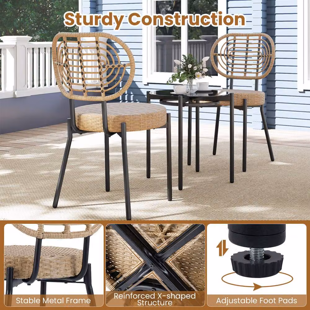Gymax 3 Piece Brown Polyrattan Patio Bistro Set with Round Glass Table and Rattan Chairs – 3