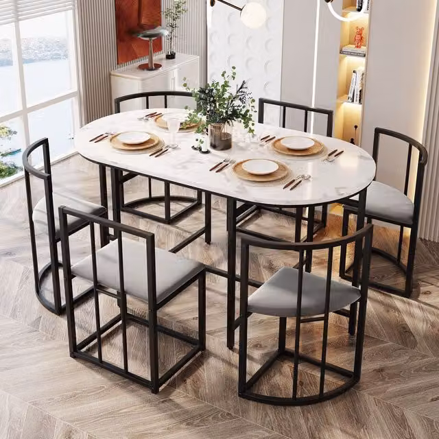 Matteo Modern Oval Dining Table Set with Six Chairs and Grey Cushions