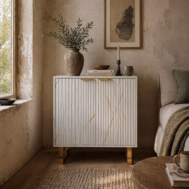 Wyld Haus Redi Sora White and Gold Ribbed Sideboard W: 76.5 cm, D: 39 cm, H: 77 cm