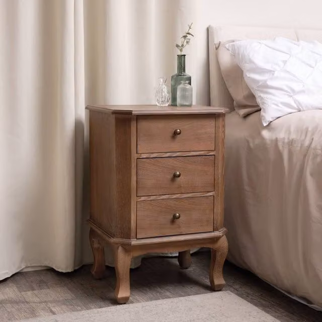 Melody Maison Ashwell 3 Drawer Bedside Table in Dark Brown Wood