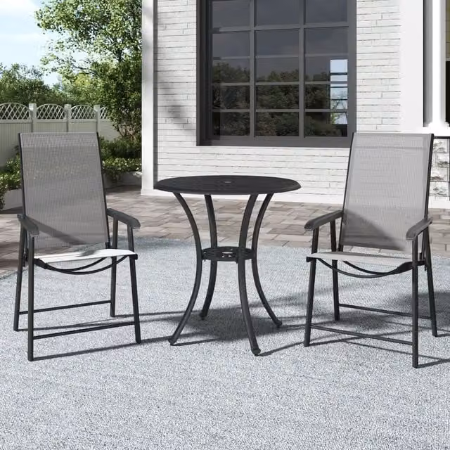 Breeins Modern Black Metal Round Garden Dining Table and 3 Chairs Set, Diameter: 60 cm