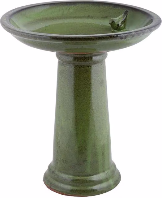 Primrose Glazed Ceramic Pedestal Outdoor Garden Bird Bath in Green, H 45.0 cm x W 42.0 cm x D 42.0 cm