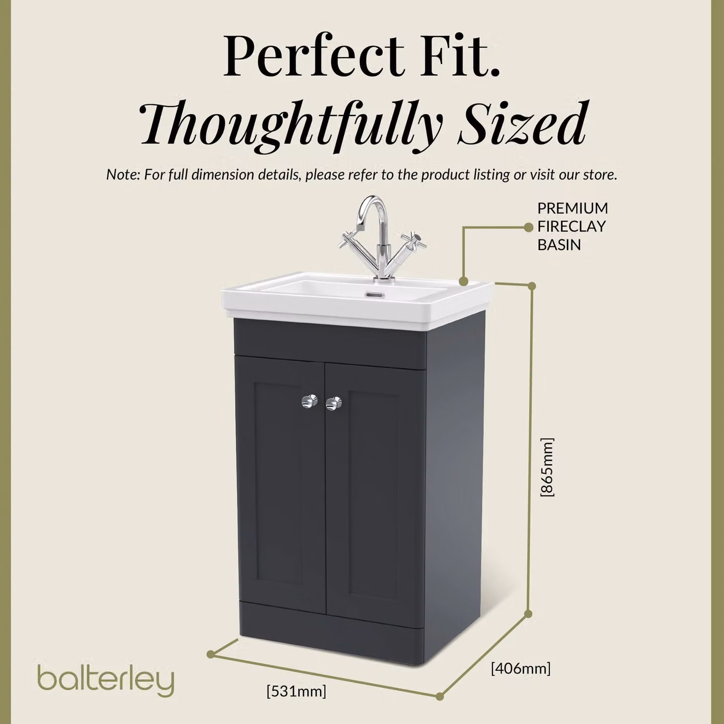 Balterley 2-Door Freestanding Bathroom Floor Vanity Unit with Fireclay Basin in Matt Dark Grey, W: 50 cm, H: 86.5 cm – 4