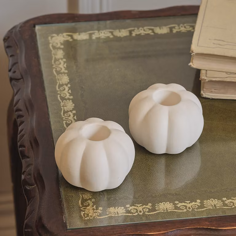 Lights4fun Set of 2 Matte White Ceramic Pumpkin Taper Candle Holders