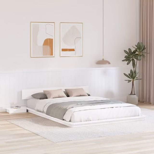 Berkfield Home White Solid Wood Floor Bed Frame with Headboard and Bedside Shelves, W/D/H: 150 x 200 cm