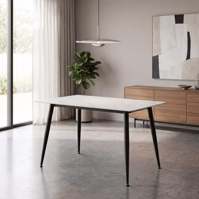 Shankar White Ceramic Rectangular Dining Table with Abstract Stone and Metal Design, Width: 120 cm