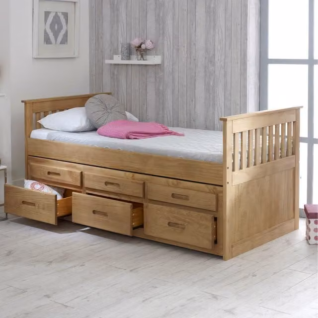 Captains Single Guest Bed with Underbed Storage in Brown Waxed Pine