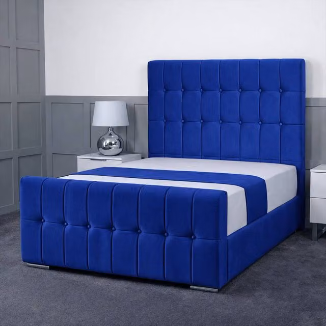 Living Comfort Bedz Belmont Plush Velvet Upholstered Bed with Slatted Base and 48 Inch Headboard in Blue, Super King Size