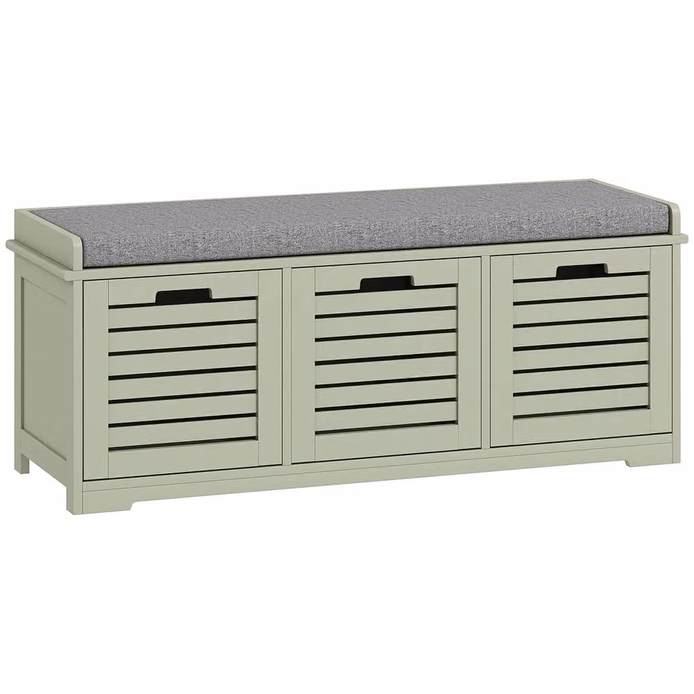 Wyld Haus Dilena Green 3 Drawer Shoe Storage Bench with Grey Padded Fabric Seat – 2