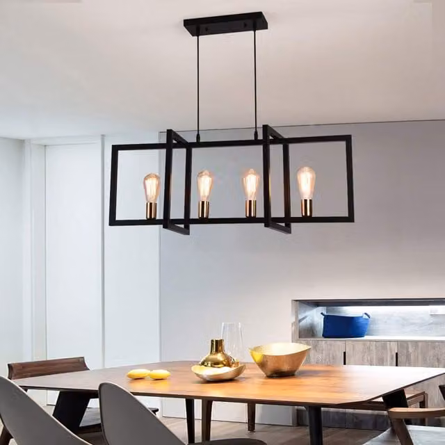 Garwarm 4-Light Rectangular Industrial Metal Hanging Pendant Light in Black
