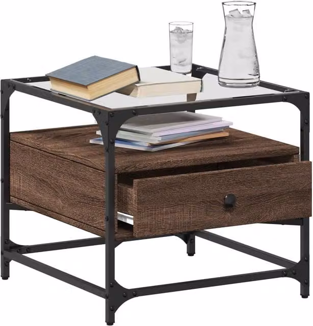 Berkfield Home Decorative Coffee Table with Glass Top in Brown Oak, W/D/H: 50 x 50 x 45 cm