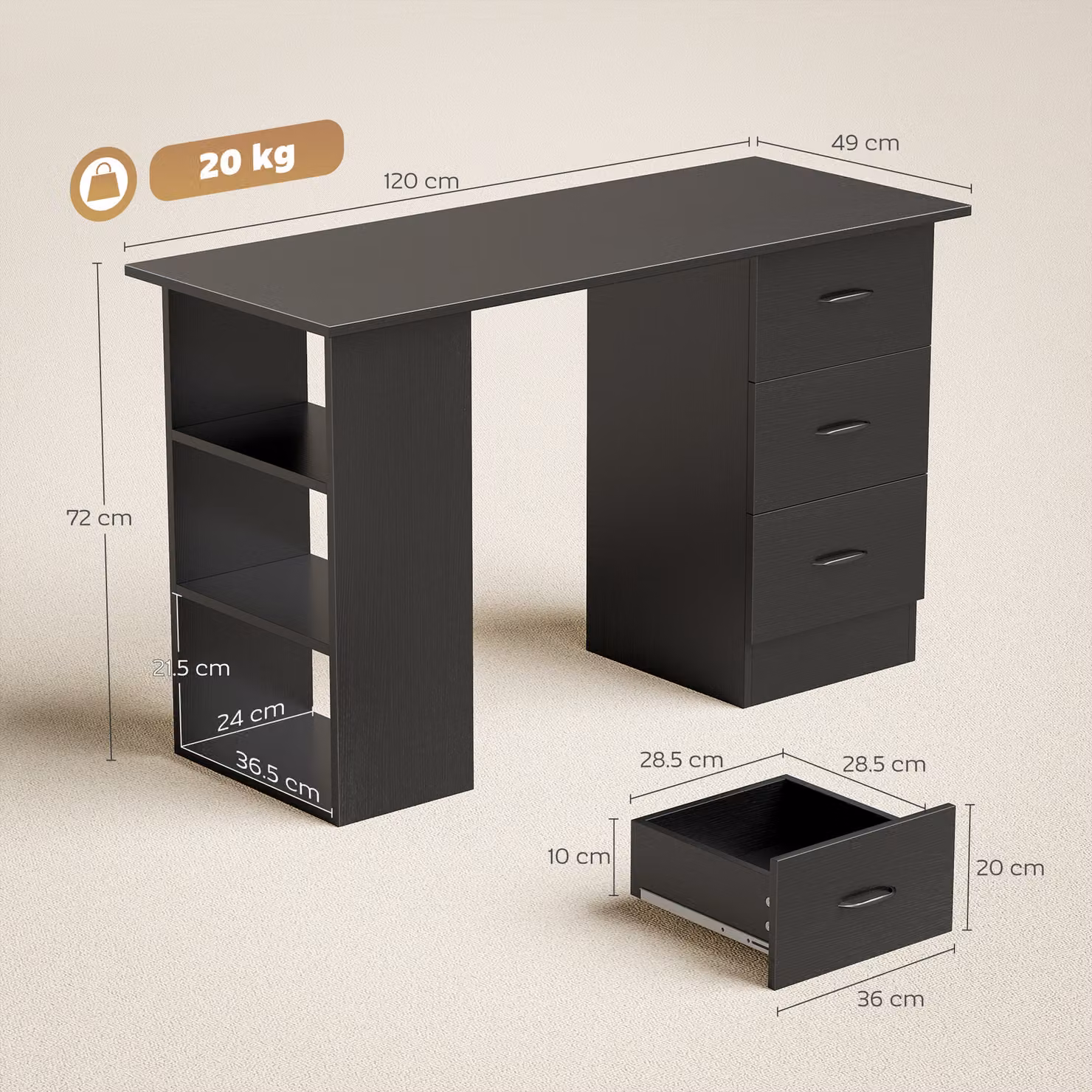 HOMCOM Black Computer Desk and Writing Table with 3 Storage Shelves and Drawers for Home Office, W/D/H: 120 x 72 x 40 cm – 3
