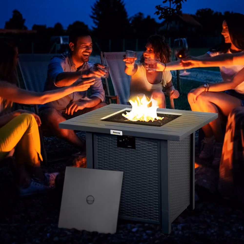 Rolipo Grey Rattan Gas Fire Pit Table with Lava Rocks, W/D/H: 71 x 71 x 63 cm – 4
