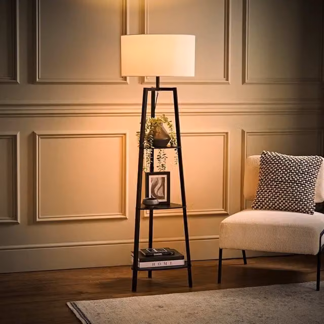 ValueLights Hiru Black 3 Tier Shelf Floor Lamp with White Cylinder Fabric Drum Shade and Bulb Included – 1