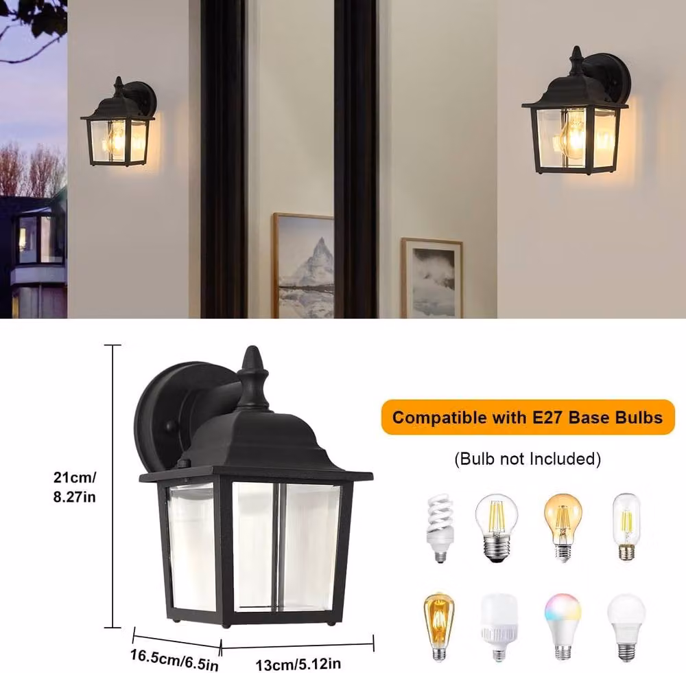 Goeco Vintage Outdoor Wall Lantern, Black IP54 Waterproof Aluminium and Glass Light with E27 Socket – 6