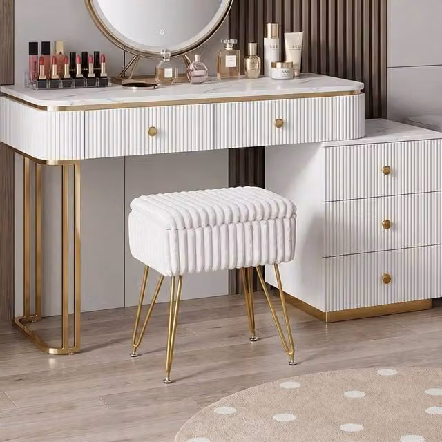 FORGEVIO White Modern Corduroy Dressing Table Stool with Gold Metal Frame