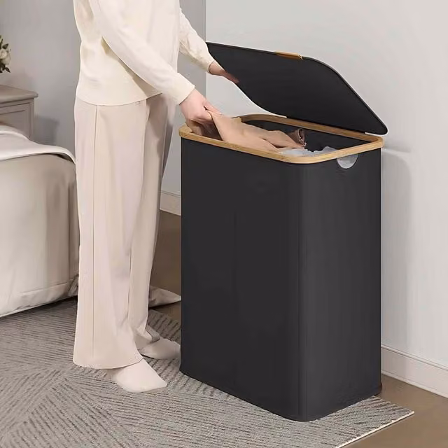 The Bazaarist Double Laundry Hamper with Lid, Bamboo Frame and Fabric, Ink Black, W/D/H: 70.5 x 38.5 x 52 cm