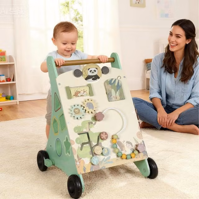AIYAPLAY Wooden Baby Push Along Walker Toy in Green