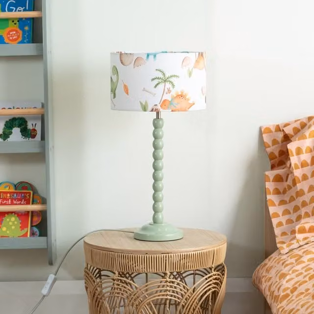 ValueLights Green Bobbin Stem Table Lamp with Wood Base and Fabric Drum Shade