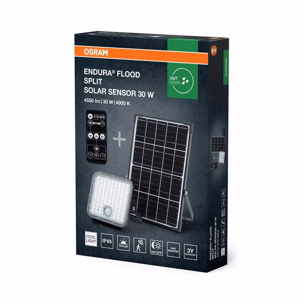 Osram Endura Flood Split Solar LED Floodlight, 30W Cool White, Black, IP65 with Motion and Dusk Sensors – 3