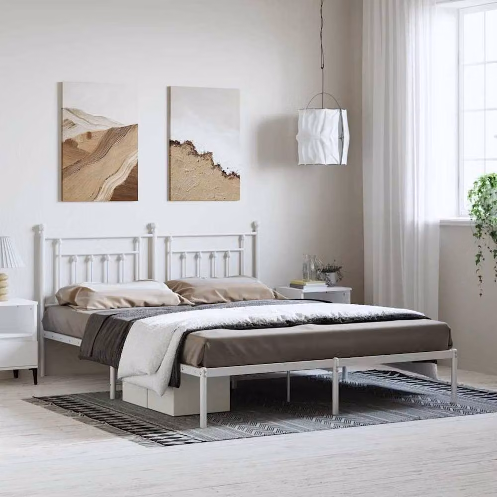 Berkfield Home Metal Bed Frame with Headboard in White, W/D/H: 183 x 187 x 97 cm – 2