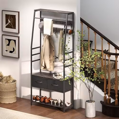 HOMCOM Industrial Hall Tree with Bench and 10 Hooks in Grey – 6