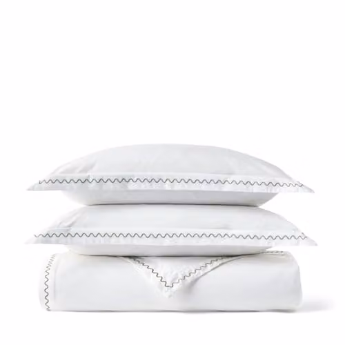 Christy Wave Edge Embroidered Cotton Percale Duvet Cover Set in Green and White, W/D/H: 140 x 200 cm with 50 x 75 cm Pillowcases – 2