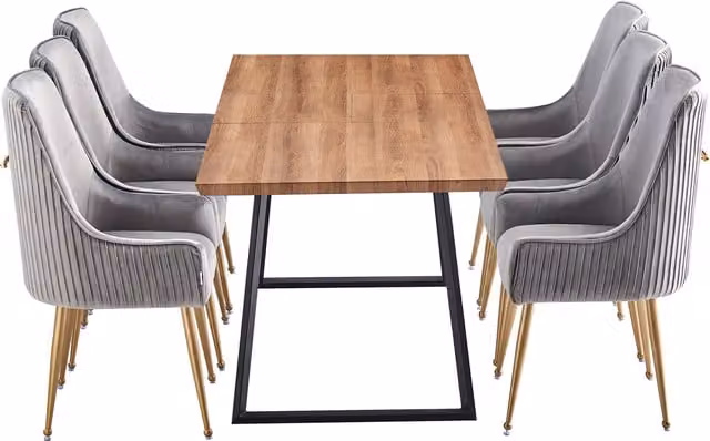 Life Interiors Soho Toga LUX Dining Set with Extendable Rectangular Table and 6 Grey Velvet Upholstered Chairs with Gold Details