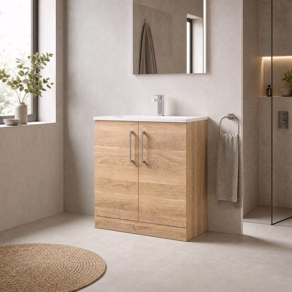 Balterley Brown Bleached Oak 2-Door Floor Standing Bathroom Vanity and Basin with Soft Close Doors and Internal Shelves, Width: 80 cm – 3