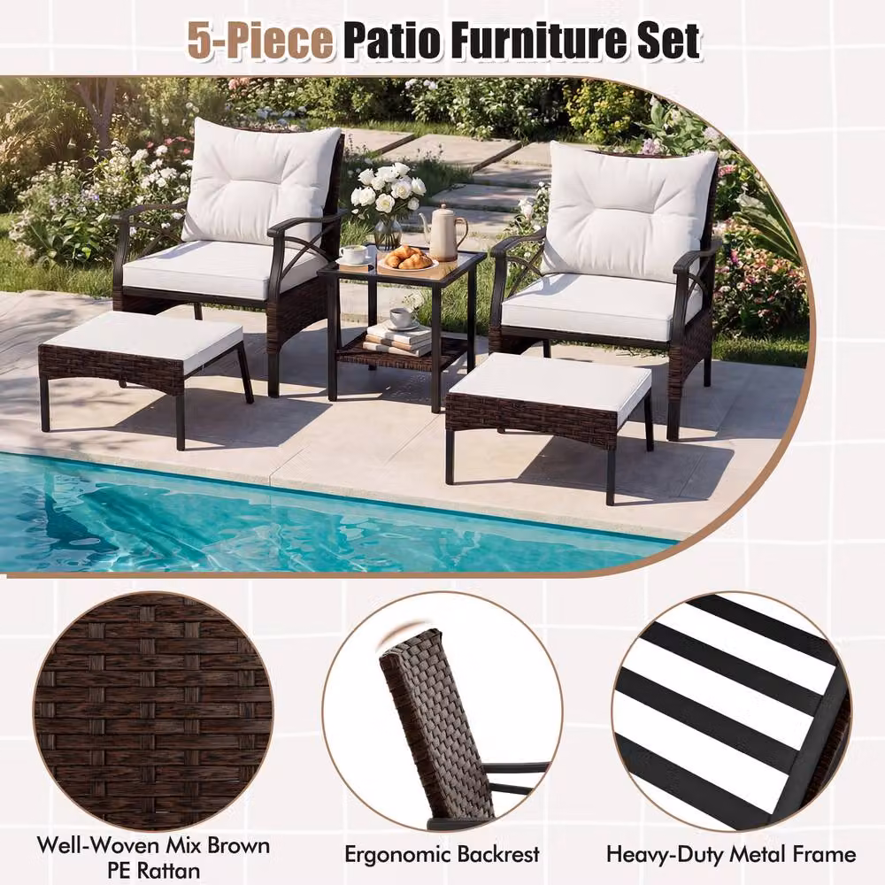 Gymax 5 Piece Dark Brown Polyrattan Patio Set with Armchairs, Coffee Table, Ottomans and Cushions – 5
