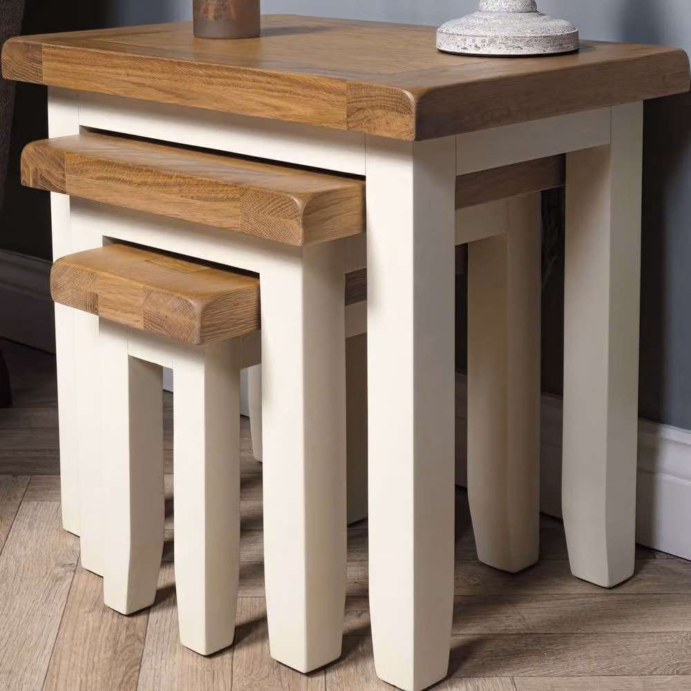 Elm Home And Garden Nest Of 3 Oak Side Tables in White and Beige – 3