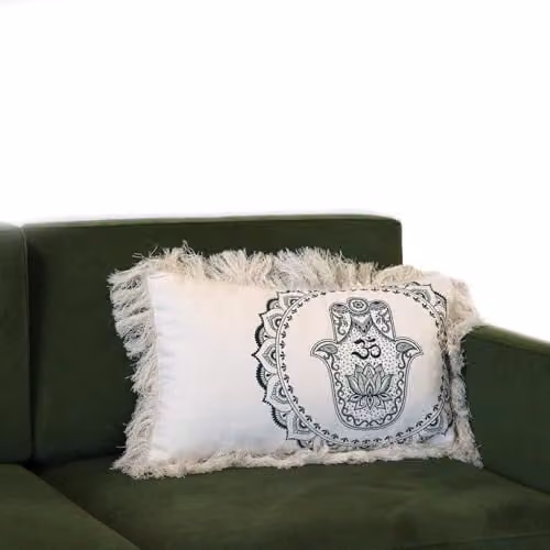Ancient Wisdom Hamsa Mandala Cushion Cover in Green and White, W: 50 cm, H: 30 cm – 2