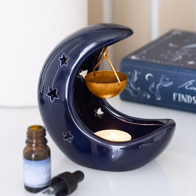 Uniqueful Blue and Gold Crescent Moon Hanging Ceramic and Metal Tealight Oil Burner
