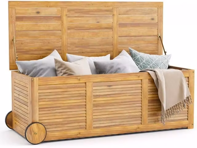 Costway 180L Acacia Wood Outdoor Storage Box with Wheels in Natural Brown – 1