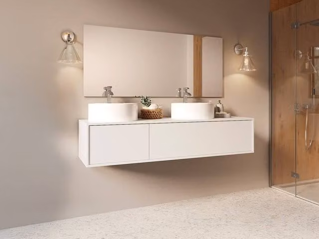 Vente-unique White Glossy Wall-Mounted Bathroom Vanity Unit with Double Round Stone Countertop, W: 150 cm, D: 47 cm, H: 32 cm – 1
