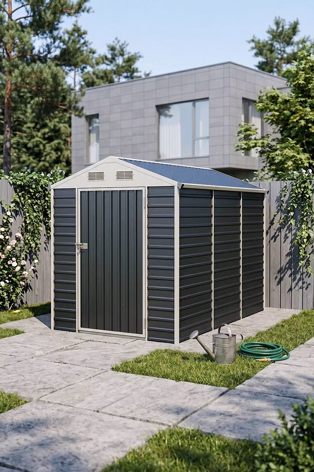 Garden Sanctuary Metal Apex Roof Garden Tool Storage Shed in Dark Grey, W: 182.88 cm, D: 170.0 cm, H: 186.0 cm – 2