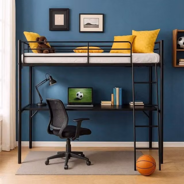 KORVIXA Metal Single Loft Bed Frame with Desk and Under-Bed Lighting in Black, Size: 90 x 190 cm – 1