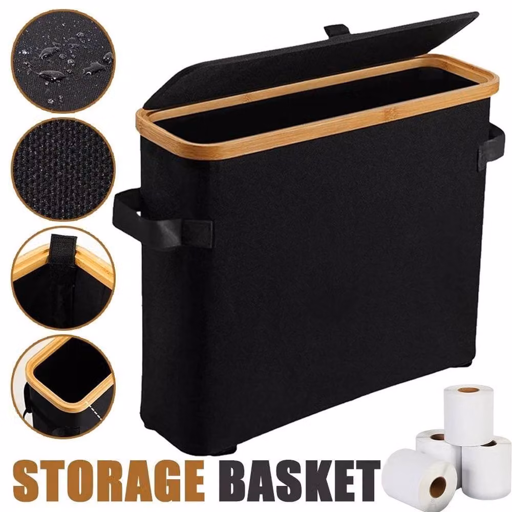 KORVIXA Black Bamboo Waterproof Freestanding Toilet Paper Storage Stand with Lid, W: 50 cm, H: 80 cm – 3